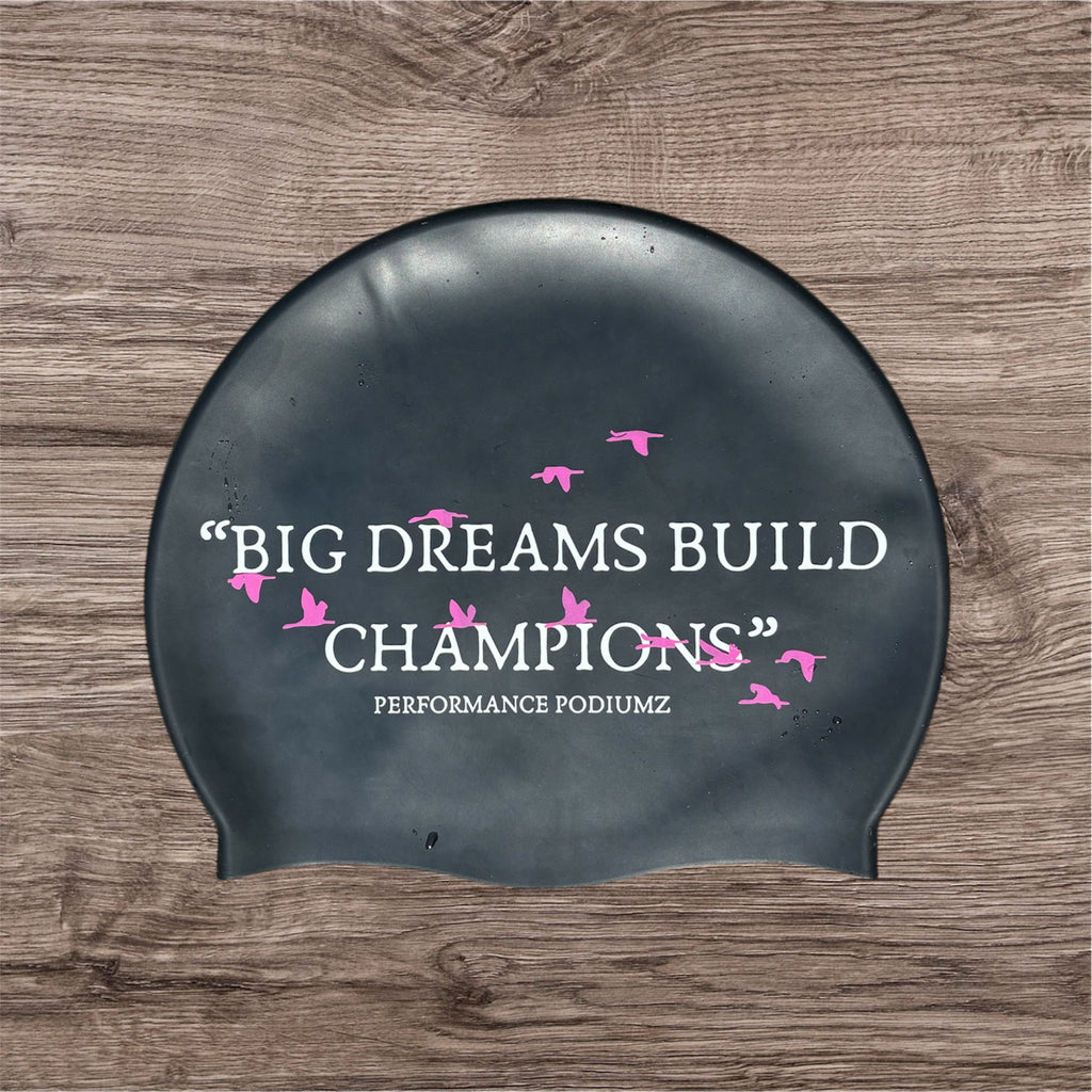 Casque de bain noir et rose "Big dreams build champions"(taille standard)
